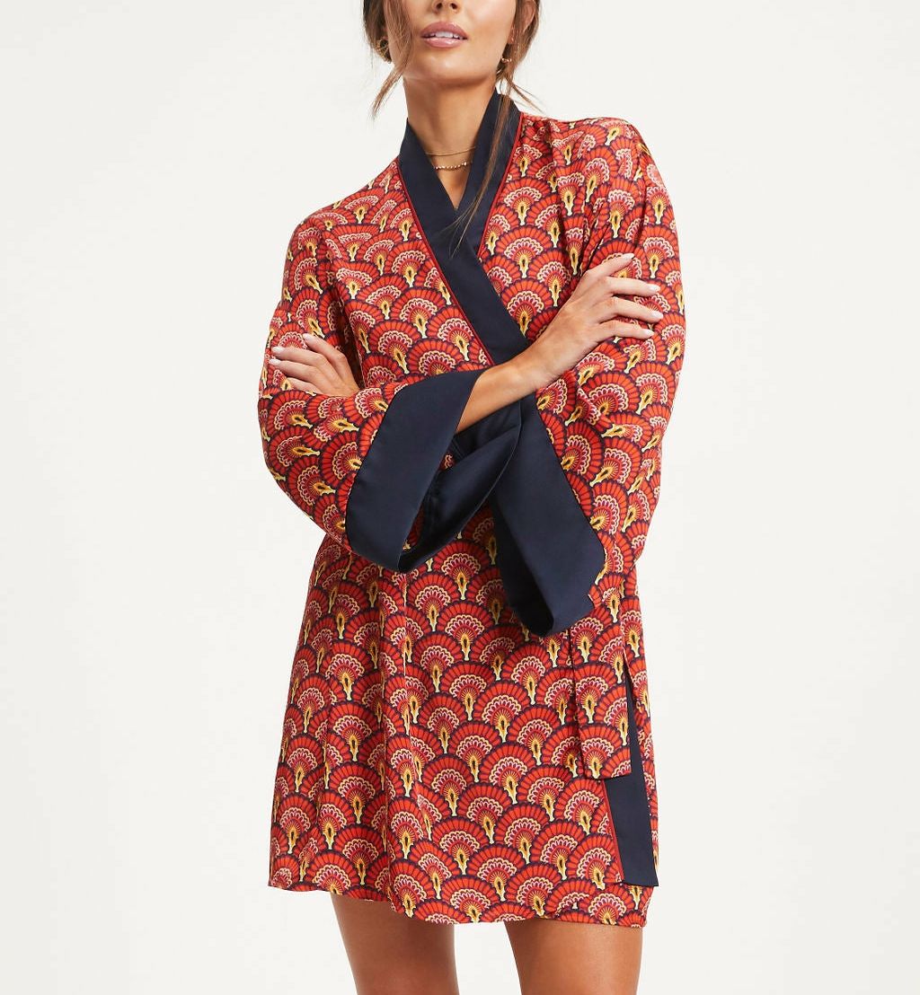 RED-NAVY-PRINTED  KIMONO