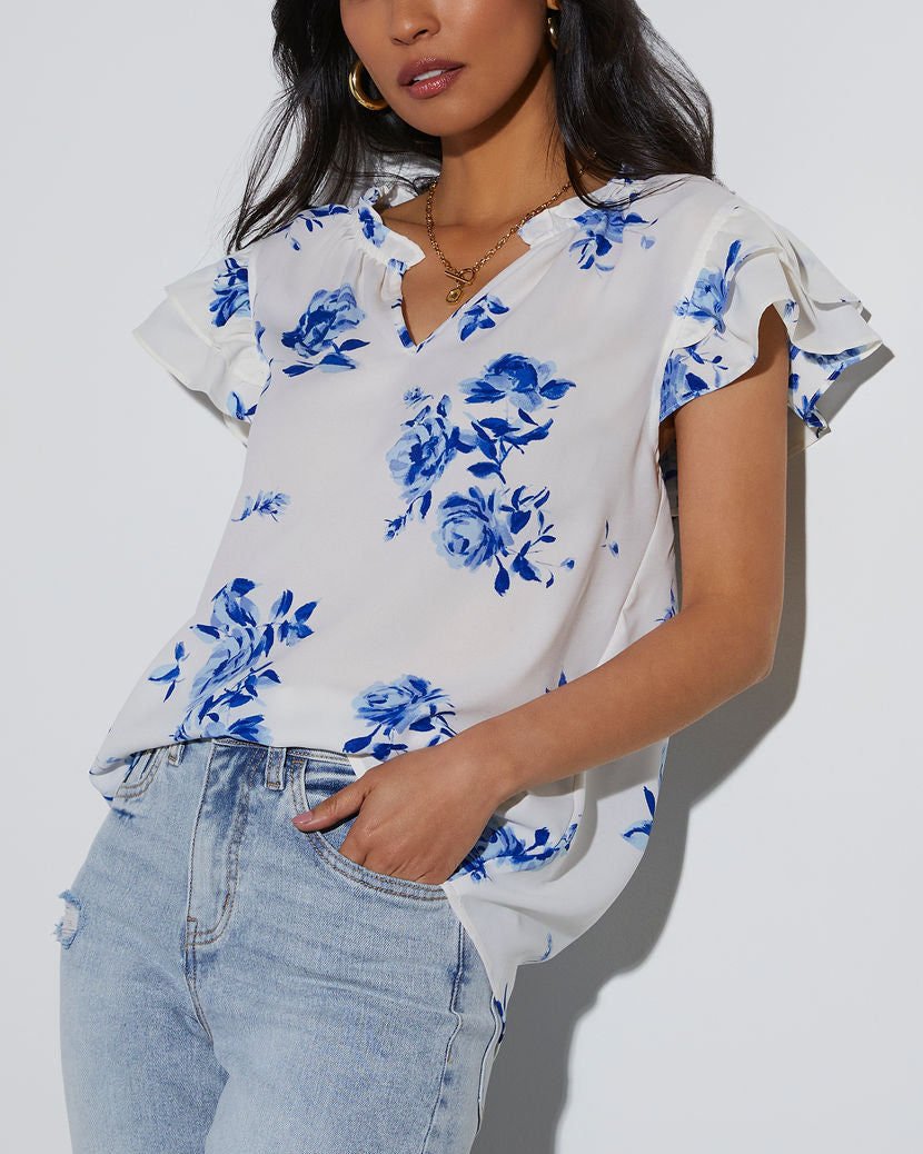 ECRU-BLUE-FLORAL BLOUSE