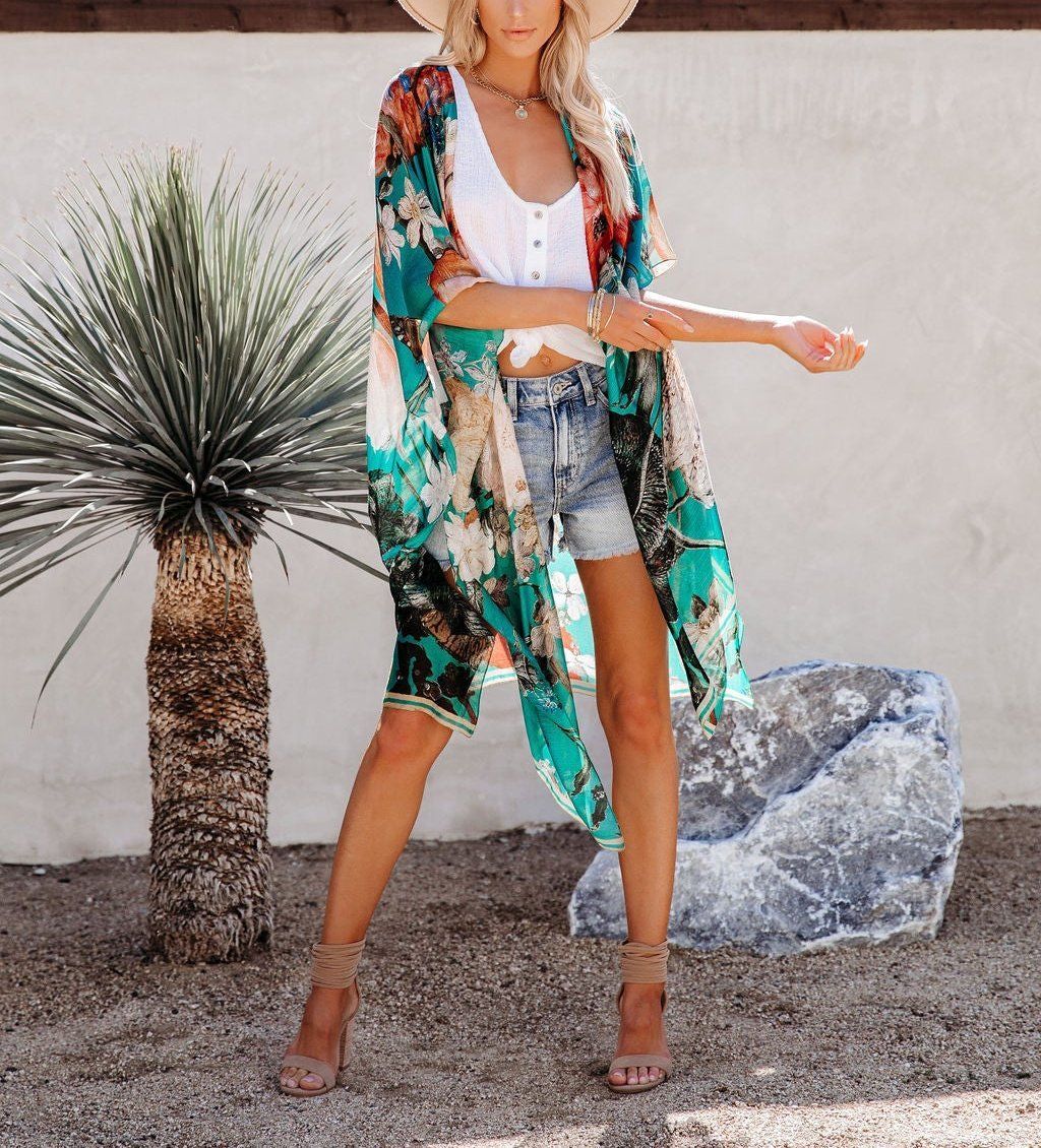 GREEN-PRINTED  KIMONO