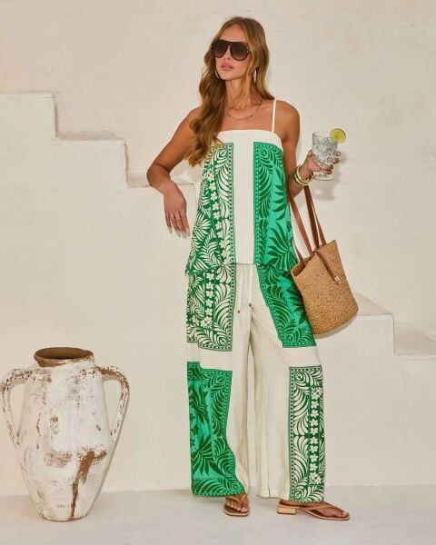 GREEN-ECRU TANK-TOP AND PANTS SET XL - GREEN-ECRU