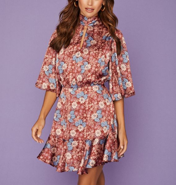 BROWN-BLUE-FLORAL DRESS