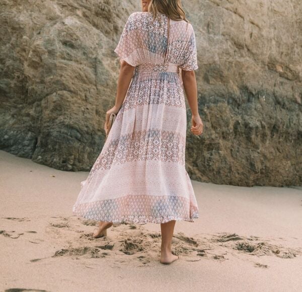 ECRU-BROWN-PRINTED DRESS M - ECRU-BROWN-PRINTED