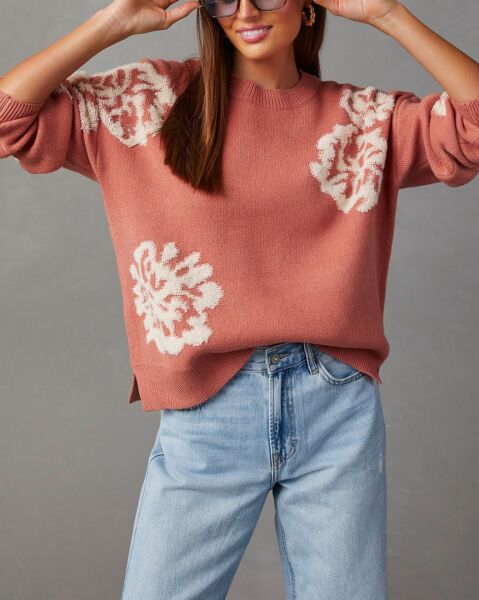 MERLOT-ECRU-FLORAL SWEATERS XL - MERLOT-ECRU-FLORAL