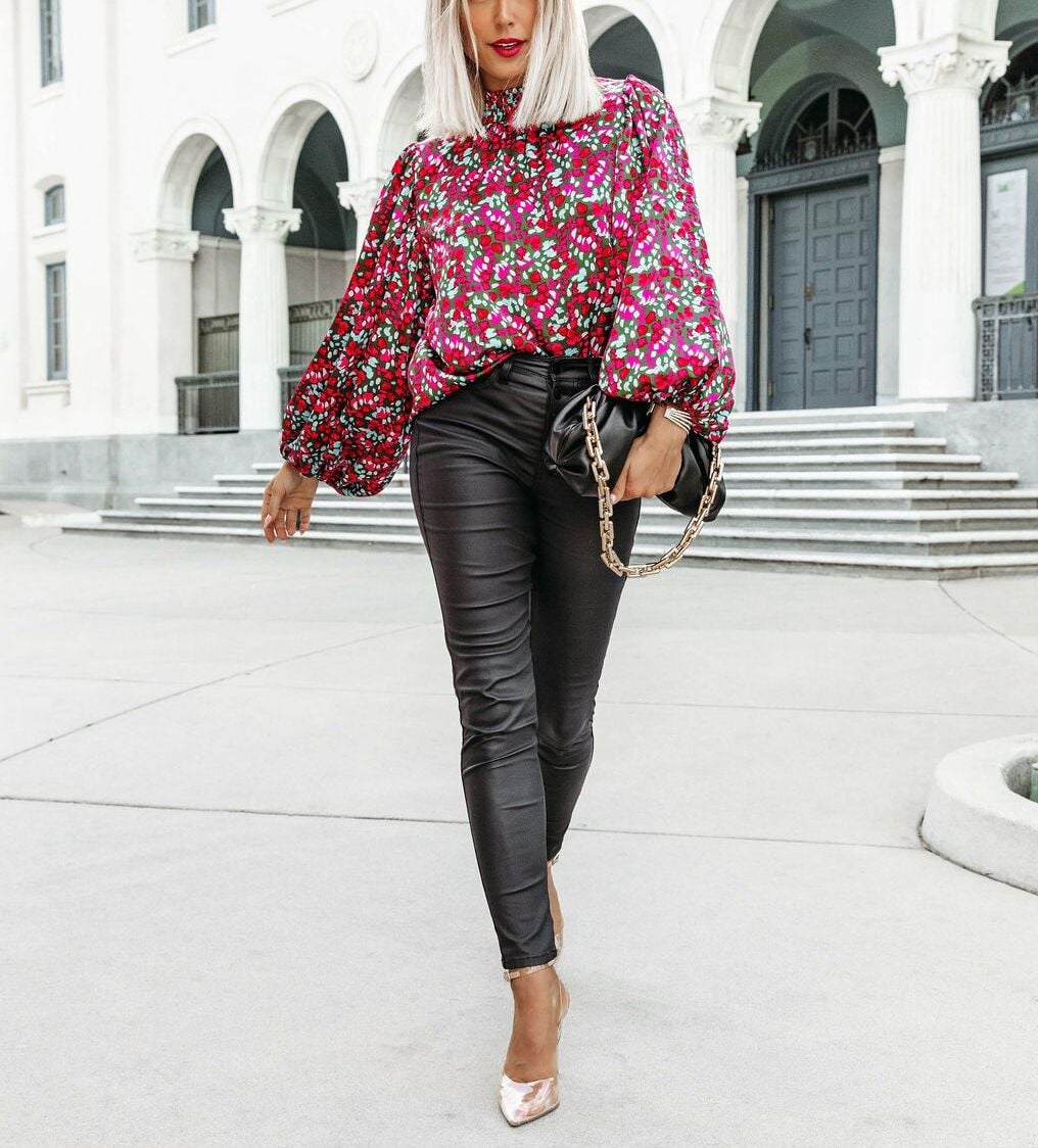 PINK-GREEN-FLORAL BLOUSE S - PINK-GREEN-FLORAL