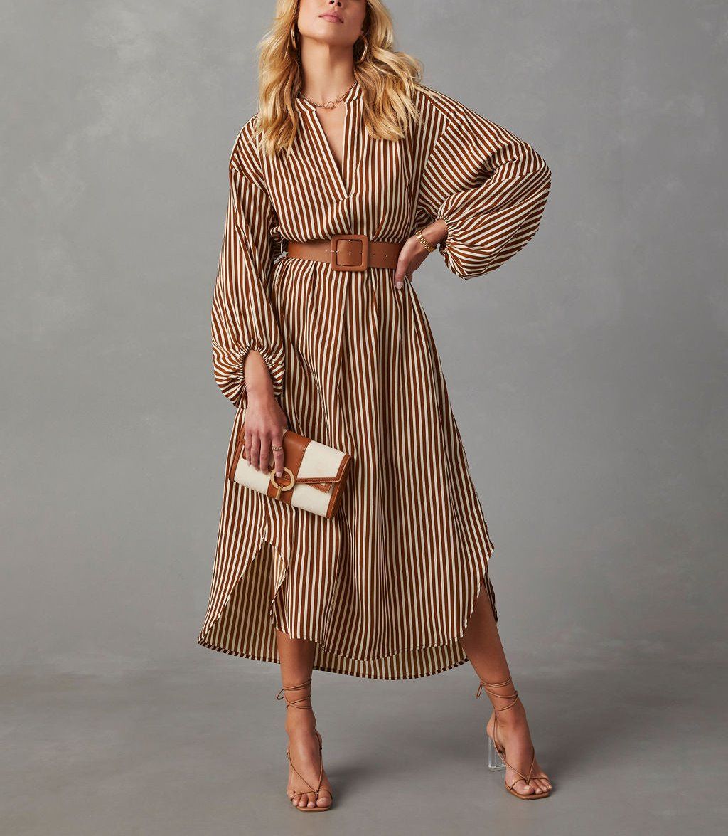 BROWN-ECRU-STRIPED DRESS