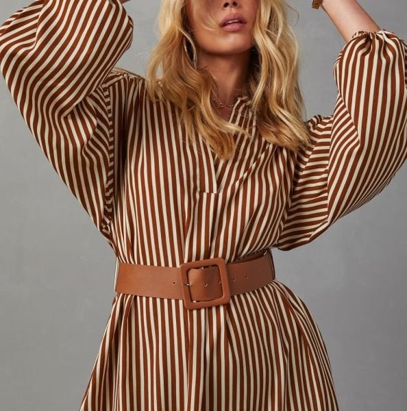BROWN-ECRU-STRIPED DRESS