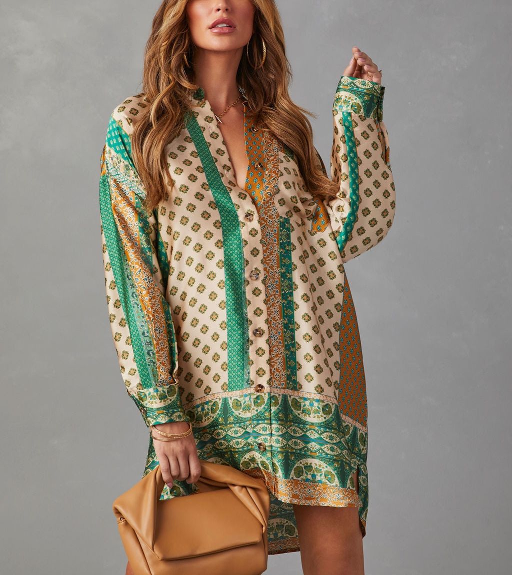 EMERALD-BEIGE-PATTERNED DRESS