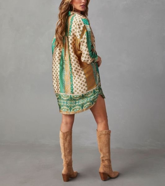 EMERALD-BEIGE-PATTERNED DRESS