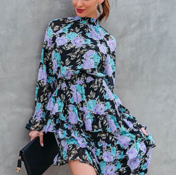 BLUE-LILAC-FLORAL DRESS L - BLUE-LILAC-FLORAL