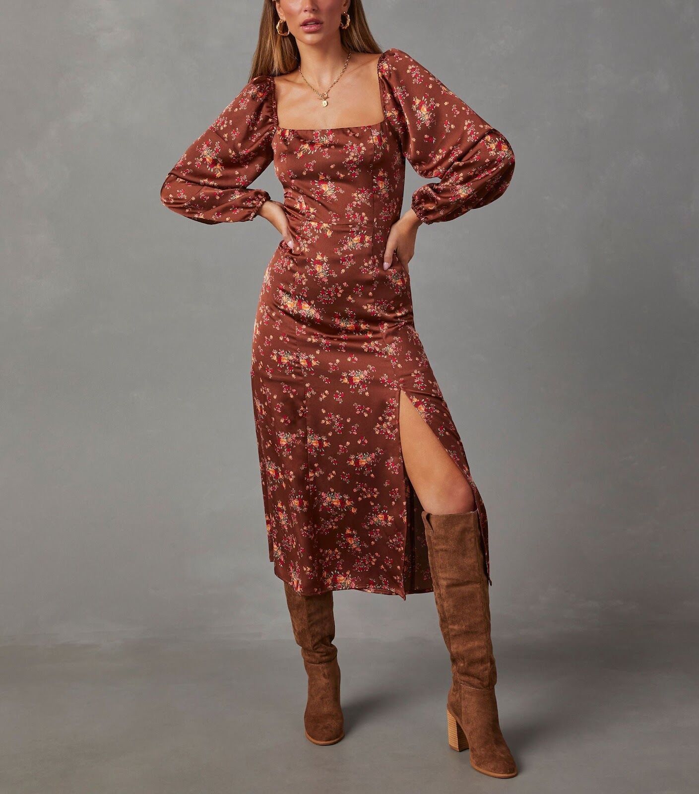 BROWN-FLORAL DRESS M - BROWN-FLORAL