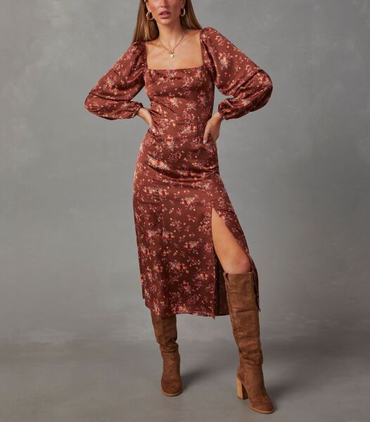 BROWN-FLORAL DRESS M - BROWN-FLORAL