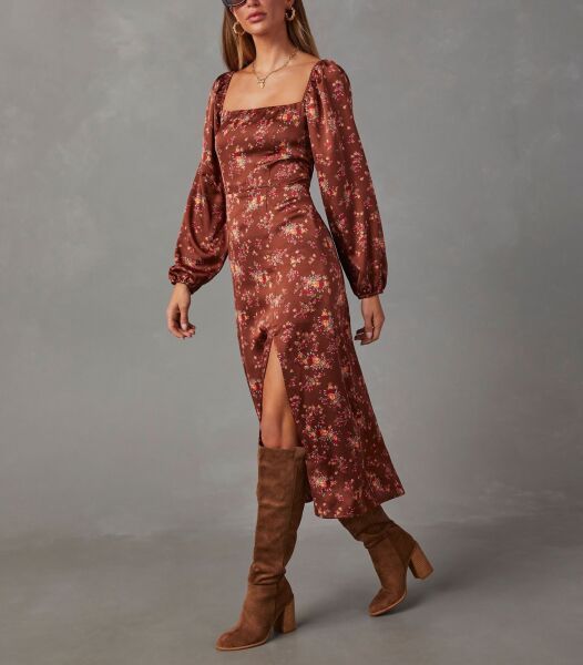 BROWN-FLORAL DRESS M - BROWN-FLORAL