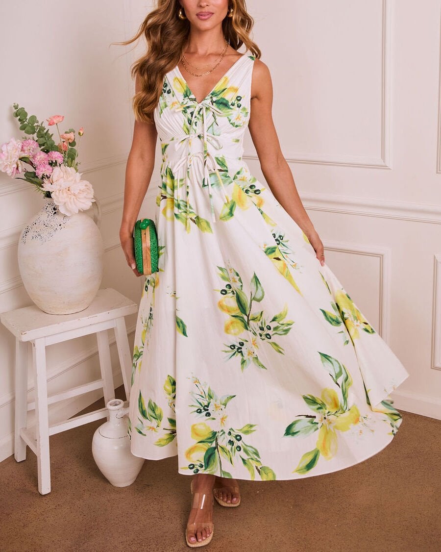 ECRU-LEMON-PRINTED DRESS M - ECRU-LEMON-PRINTED