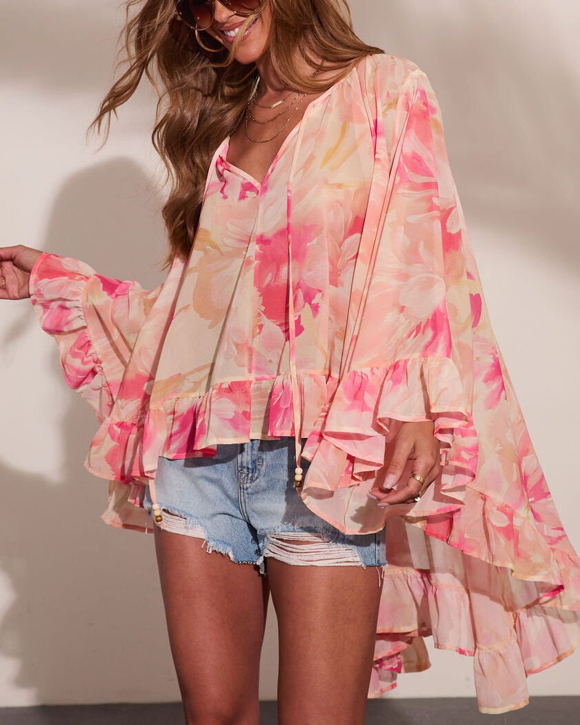 CREAM-PINK-FLORAL TUNIC-TOP XL - CREAM-PINK-FLORAL