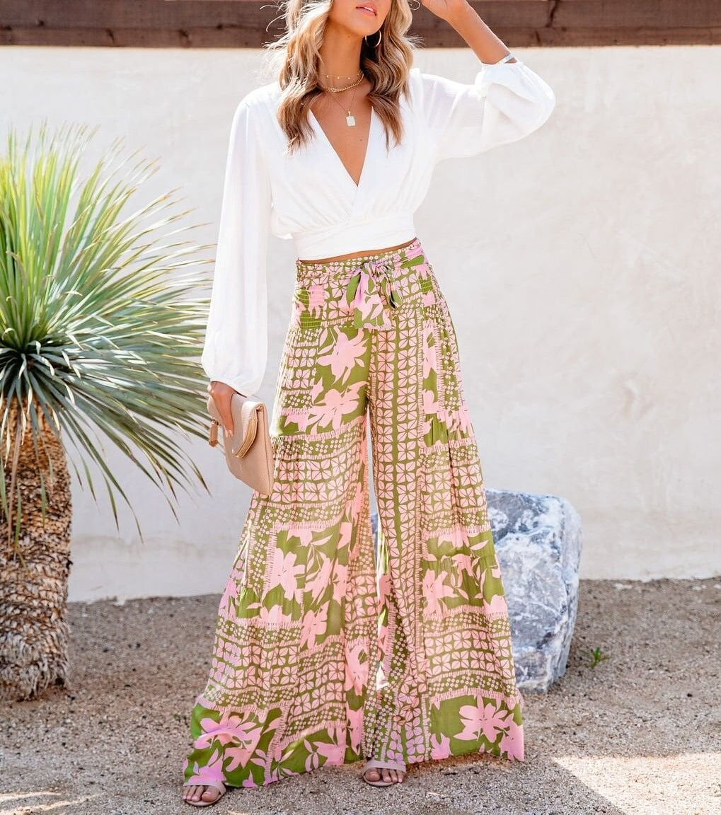 PINK-GREEN-FLORAL PANTS L - PINK-GREEN-FLORAL