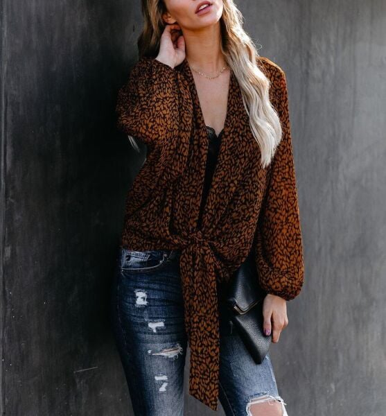BROWN-PRINTED BLOUSE S - BROWN-PRINTED