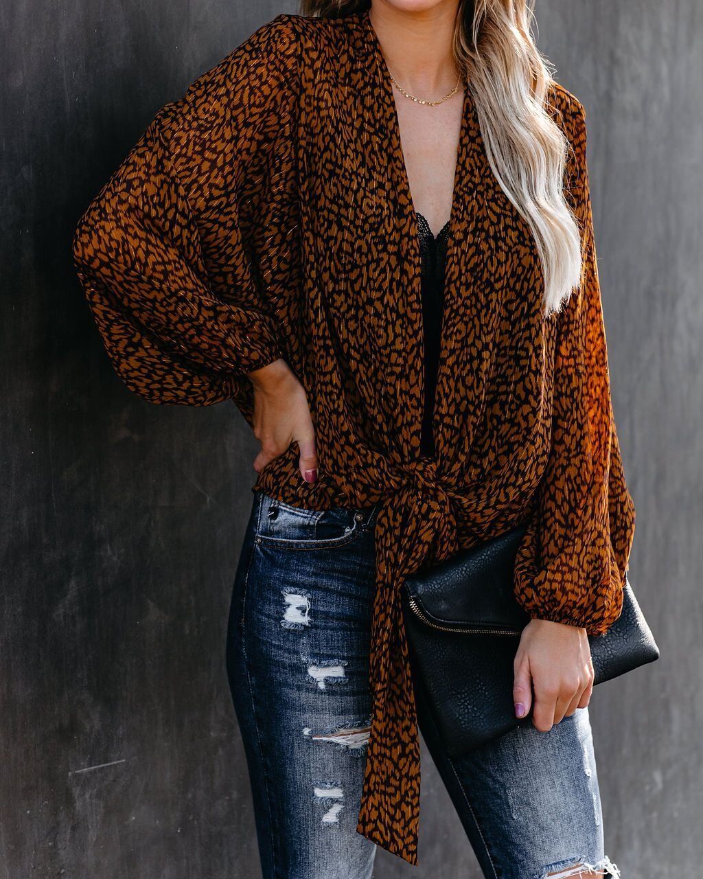 BROWN-PRINTED BLOUSE M - BROWN-PRINTED