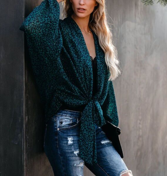 TEAL-PRINTED BLOUSE M - TEAL-PRINTED