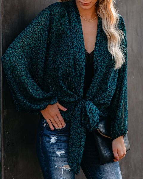 TEAL-PRINTED BLOUSE M - TEAL-PRINTED