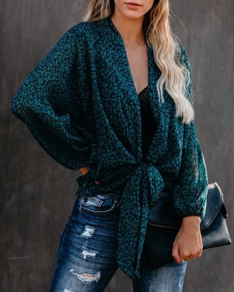 TEAL-PRINTED BLOUSE M - TEAL-PRINTED