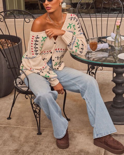 ECRU-GREEN-PRINTED CARDIGAN