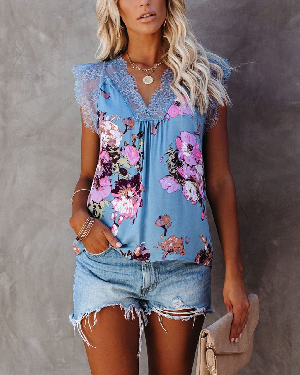 BLUE-FLORAL BLOUSE L - BLUE-FLORAL