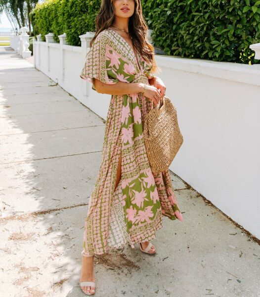 GREEN-PINK-FLORAL DRESS S - GREEN-PINK-FLORAL