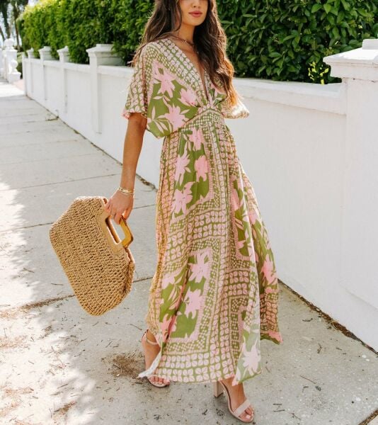 GREEN-PINK-FLORAL DRESS M - GREEN-PINK-FLORAL