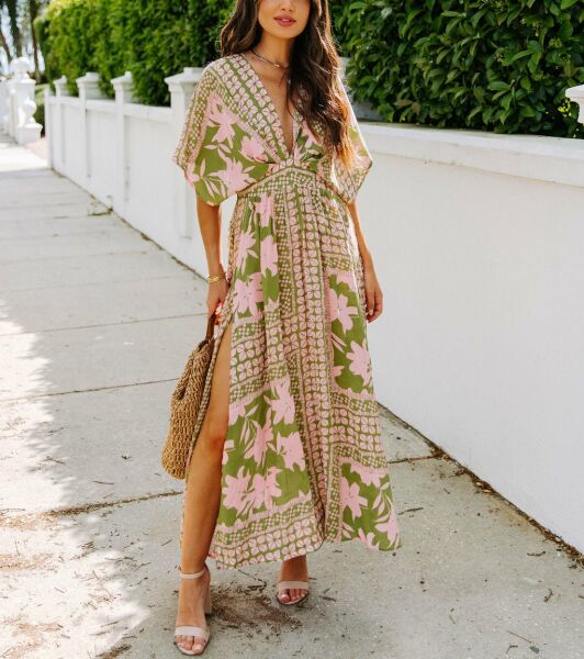 GREEN-PINK-FLORAL DRESS M - GREEN-PINK-FLORAL