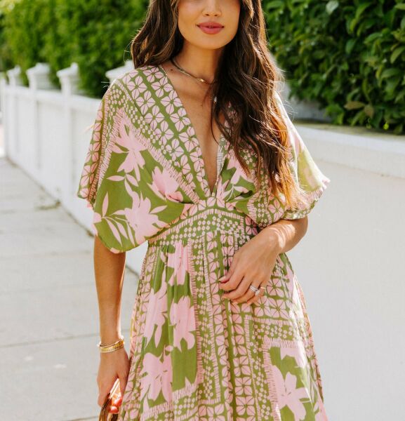 GREEN-PINK-FLORAL DRESS XL - GREEN-PINK-FLORAL