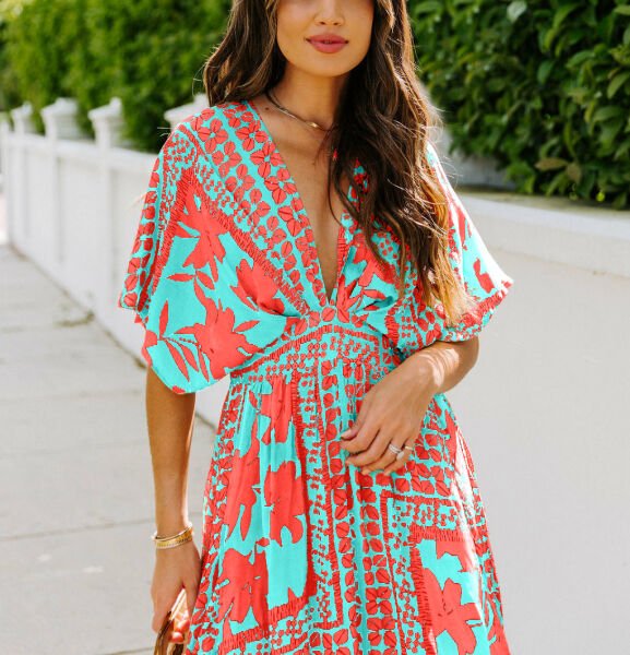 TURQUOISE-CORAL-FLORAL DRESS XL - TURQUOISE-CORAL-FLORAL