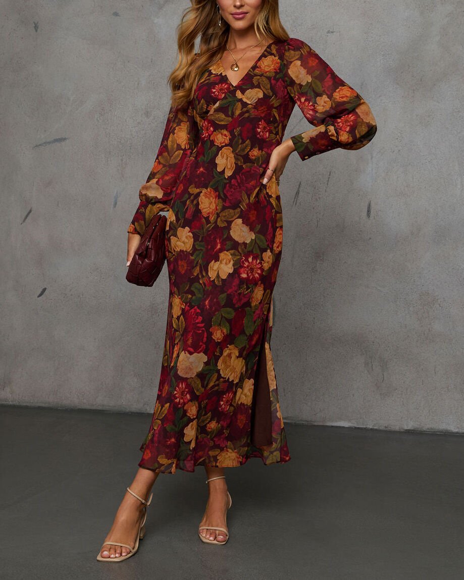 BURGUNDY-FLORAL DRESS L - BURGUNDY-FLORAL
