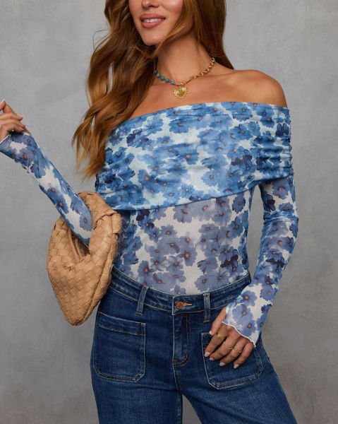 BLUE-ECRU-FLORAL BLOUSE