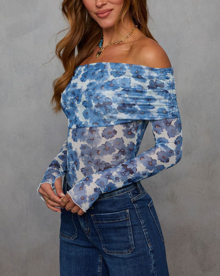 BLUE-ECRU-FLORAL BLOUSE