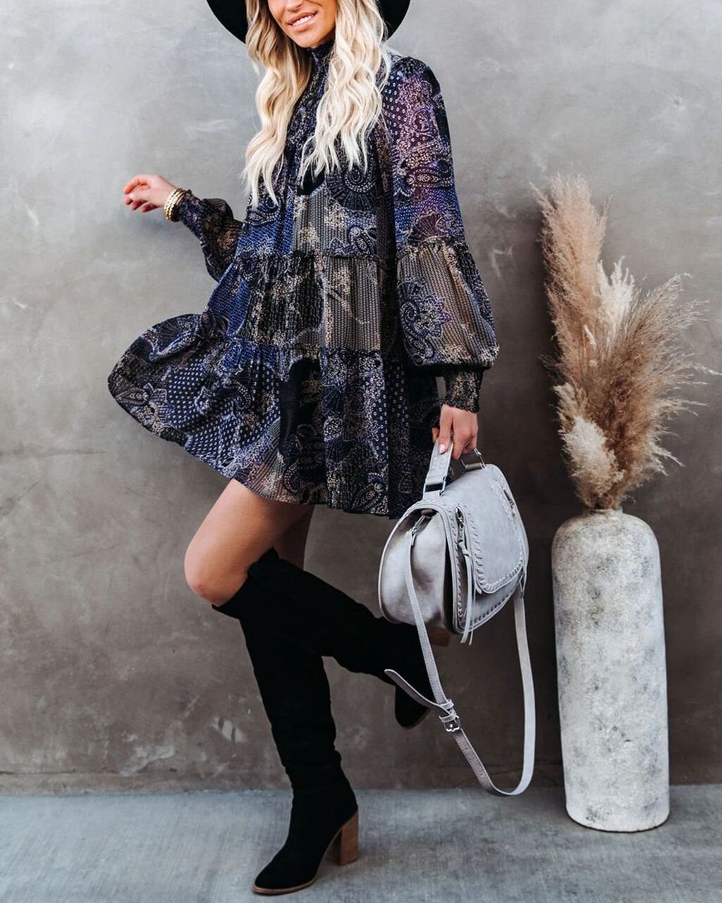 BLACK-BLUE-PRINTED DRESS XL - BLACK-BLUE-PRINTED