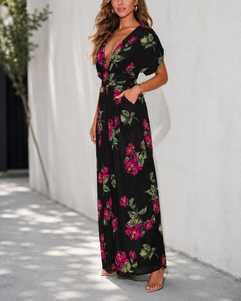 BLACK-WINE-FLORAL DRESS M - BLACK-WINE-FLORAL