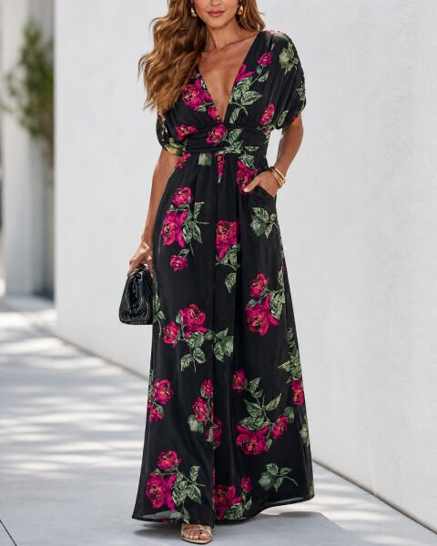 BLACK-WINE-FLORAL DRESS L - BLACK-WINE-FLORAL