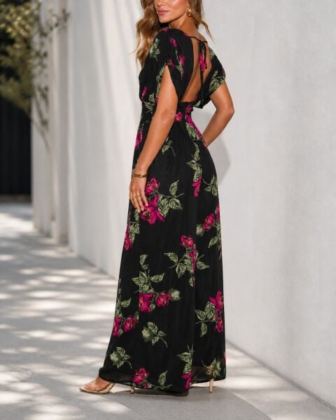 BLACK-WINE-FLORAL DRESS L - BLACK-WINE-FLORAL