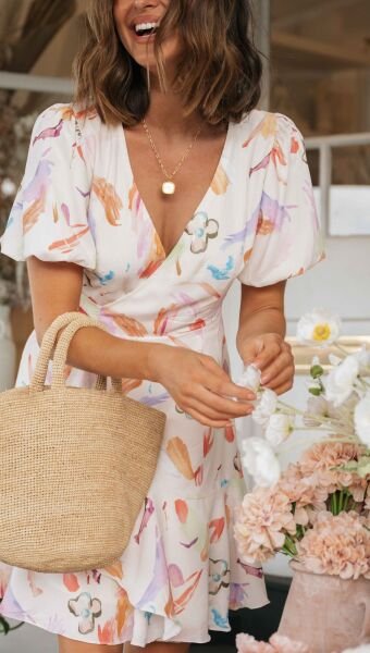 ECRU-FLORAL DRESS M - ECRU-FLORAL