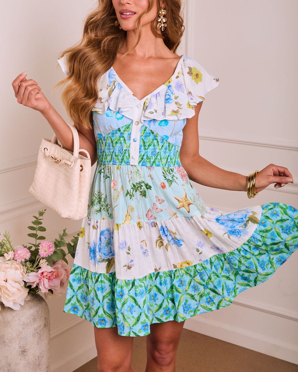 ECRU-BLUE-FLORAL DRESS XL - ECRU-BLUE-FLORAL