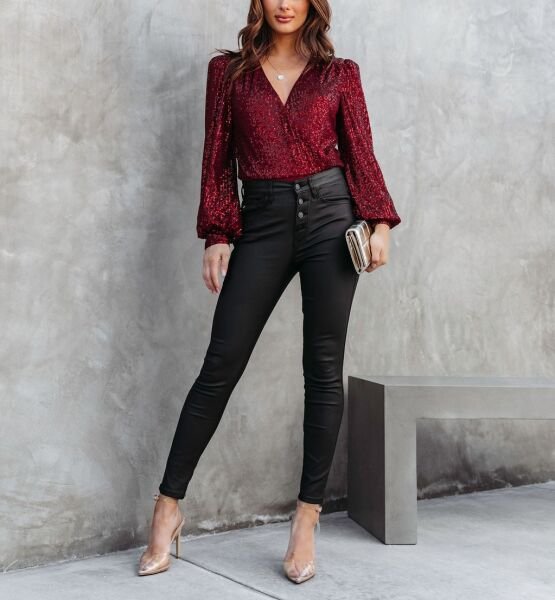 BURGUNDY-SEQUINED BLOUSE S - BURGUNDY-SEQUINED