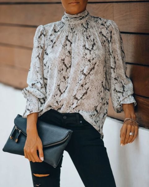 BROWN-SNAKE-PRINT BLOUSE