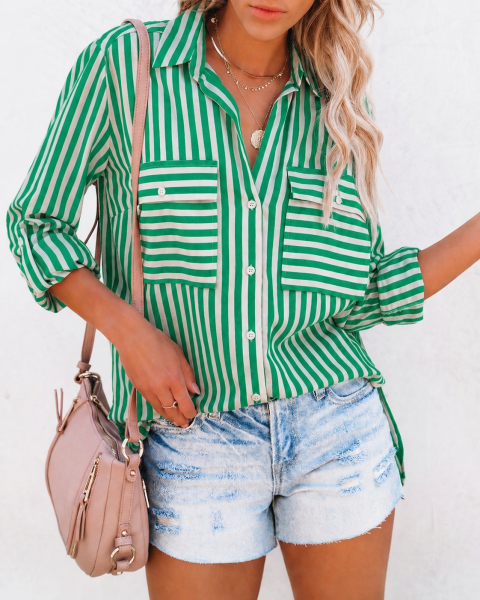 GREEN-STRIPED SHIRT S - GREEN-STRIPED