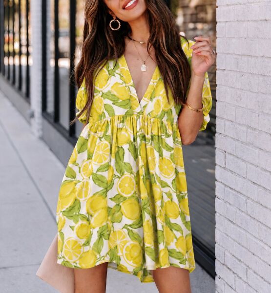 ECRU-LEMON-PRINTED DRESS M - ECRU-LEMON-PRINTED