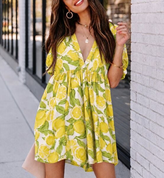 ECRU-LEMON-PRINTED DRESS L - ECRU-LEMON-PRINTED