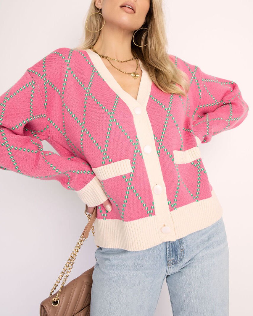 PINK-ECRU-PLAID CARDIGAN L - PINK-ECRU-PLAID