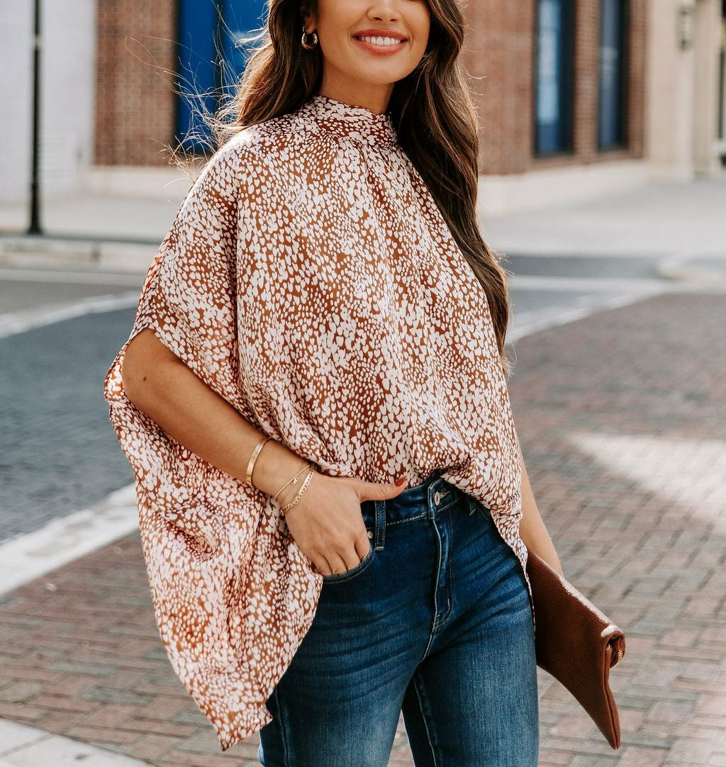 BROWN-ECRU-PRINTED BLOUSE