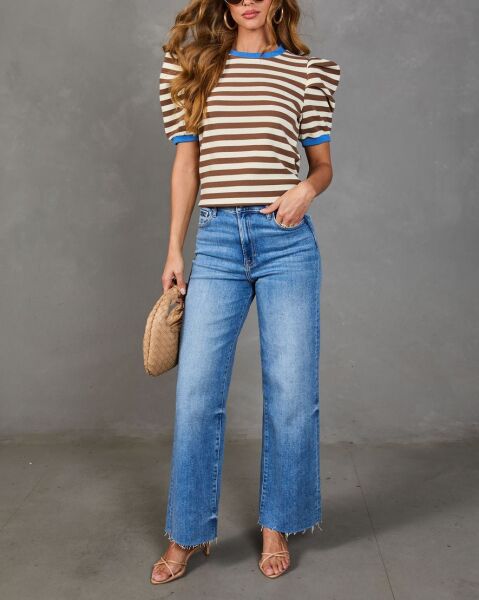 BROWN-CREAM-STRIPED BLOUSE M - BROWN-CREAM-STRIPED