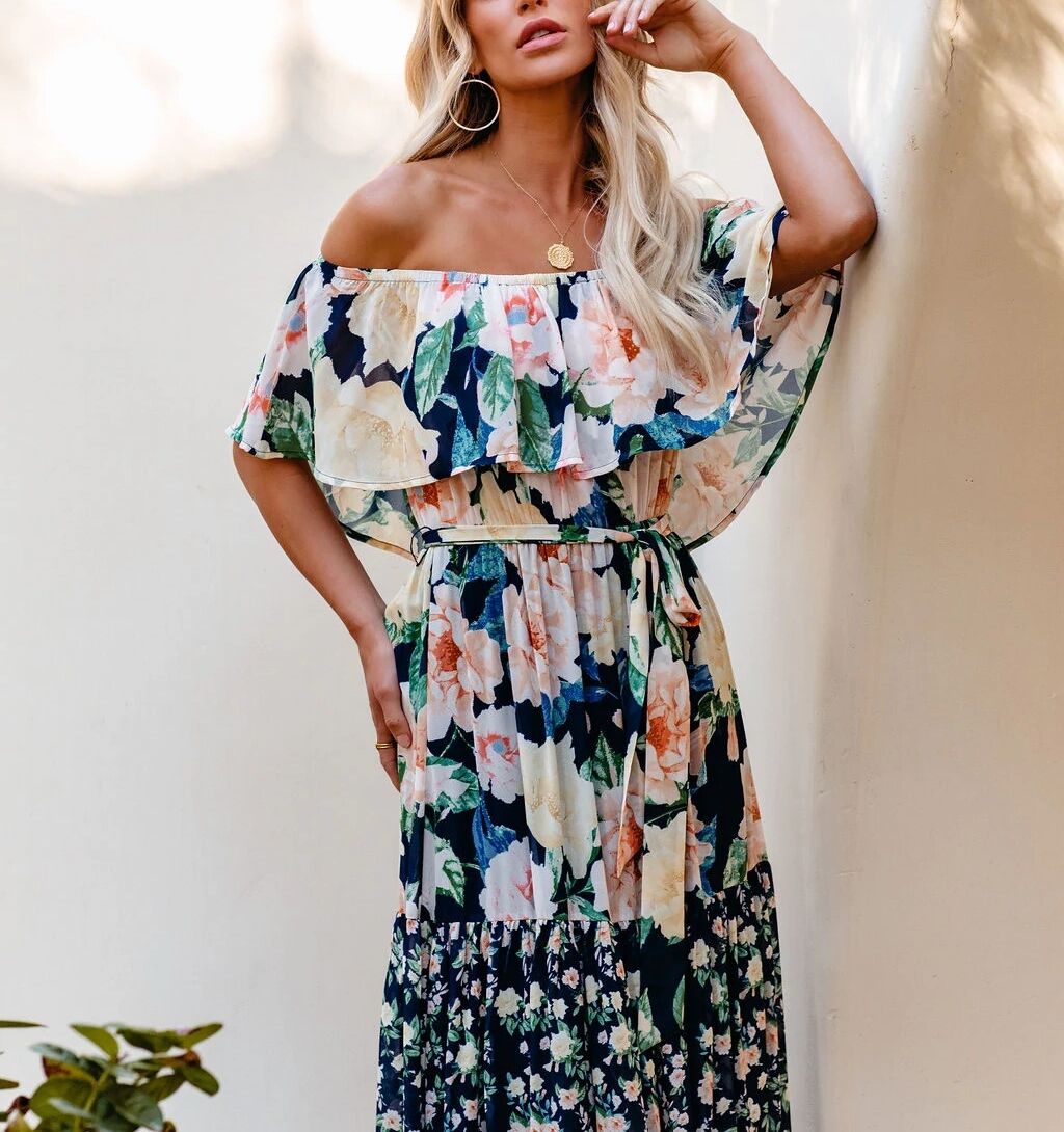 ECRU-NAVY-FLORAL DRESS XL - ECRU-NAVY-FLORAL