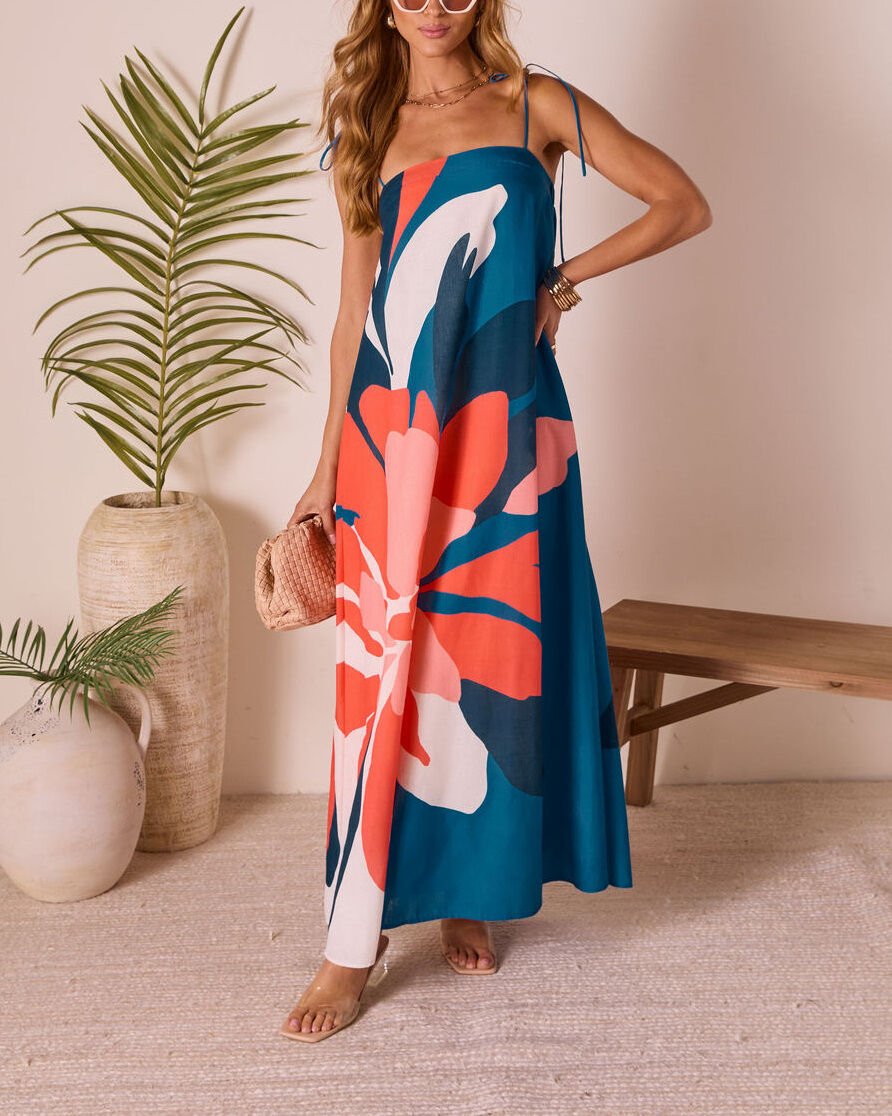 BLUE-SALMON-FLORAL DRESS S - BLUE-SALMON-FLORAL